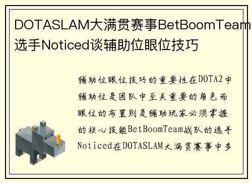 DOTASLAM大满贯赛事BetBoomTeam战队选手Noticed谈辅助位眼位技巧