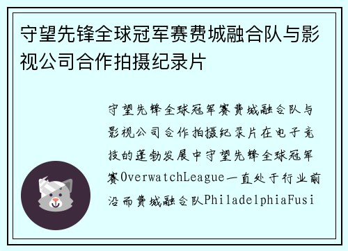 守望先锋全球冠军赛费城融合队与影视公司合作拍摄纪录片