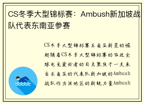 CS冬季大型锦标赛：Ambush新加坡战队代表东南亚参赛