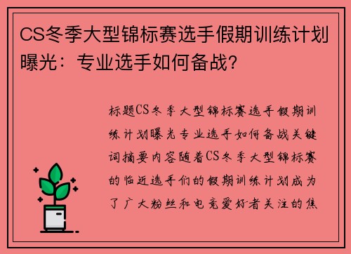 CS冬季大型锦标赛选手假期训练计划曝光：专业选手如何备战？